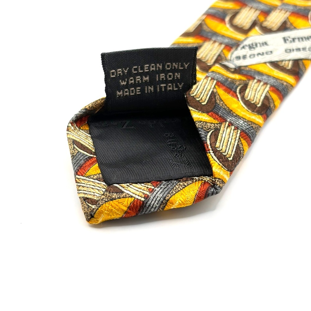 Ermenegildo Zegna Silk Tie Mens Yellow Brown Geometric Abstract Made in Italy - Picture 7 of 8